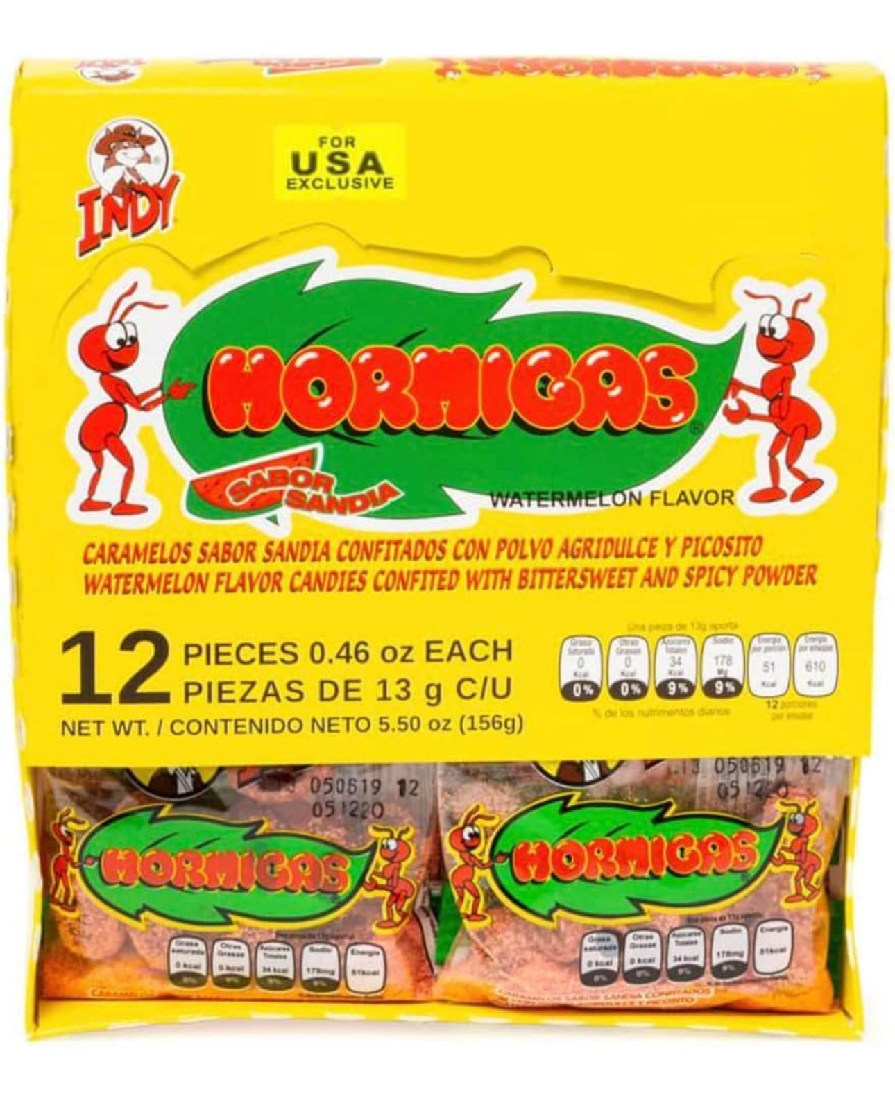 INDY HORMIGAS / caramelo confitado sabor sandia, agridulce y picosito 12pzs
