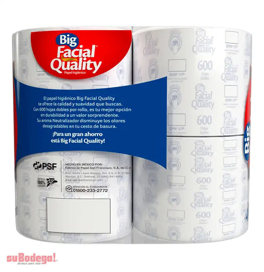 PAPEL HIGIENICO BIG QUALITY FACIAL 600 HOJAS DOBLES 4pzs