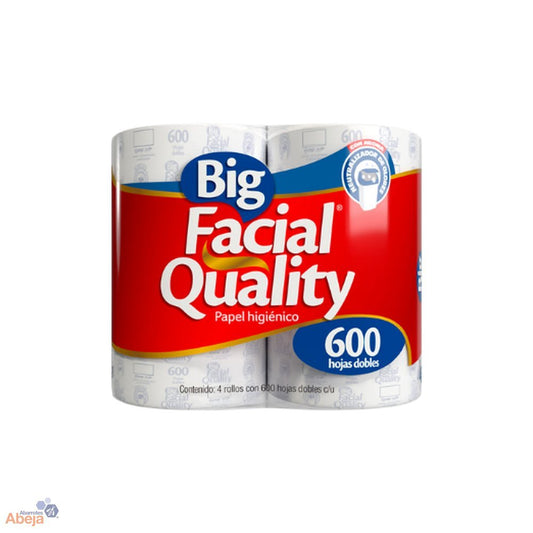 PAPEL HIGIENICO BIG QUALITY FACIAL 600 HOJAS DOBLES 4pzs