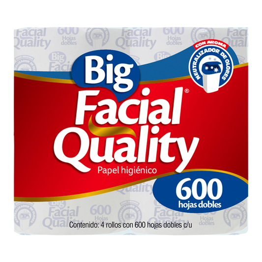 PAPEL HIGIENICO BIG QUALITY FACIAL 600 HOJAS DOBLES 4pzs