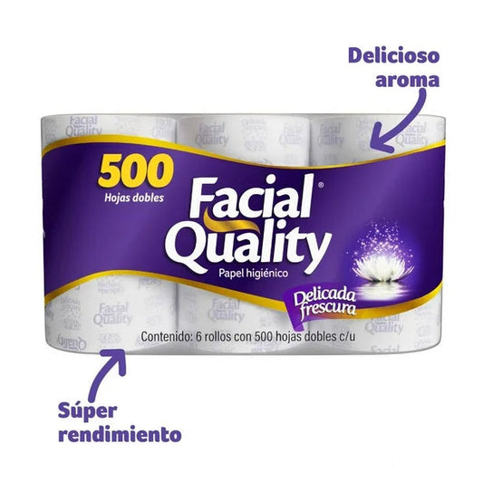 PAPEL HIGIENICO BIG QUALITY FACIAL 500 HOJAS DOBLES 6pzs