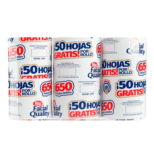 PAPEL HIGIENICO BIG QUALITY FACIAL 600+50 HOJAS DOBLES 6pzs