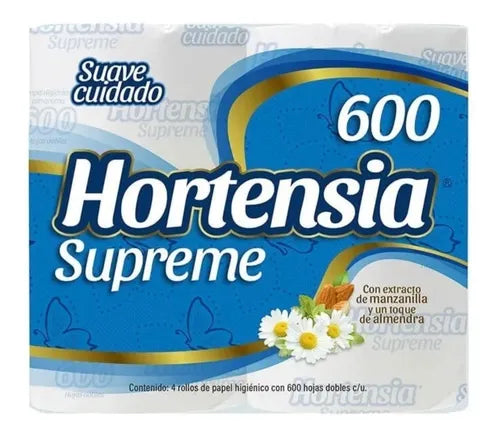 PAPEL HIGIENICO HORTENSIA SUPREME AZUL 600 HOJAS DOBLES 4pzs