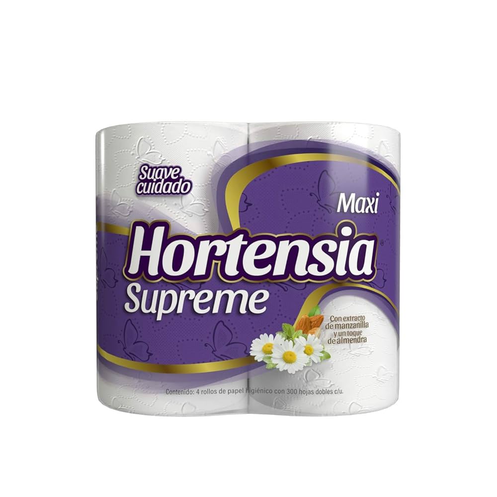 PAPEL HIGIENICO HORTENSIA SUPREME MAXI MORADO 300 HOJAS DOBLES 4pzs