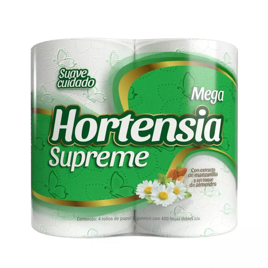 PAPEL HIGIENICO HORTENSIA SUPREME MEGA VERDE 400 HOJAS DOBLES 4pzs
