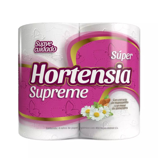 PAPEL HIGIENICO HORTENSIA SUPREME ROSA 450 HOJAS DOBLES 4pzs