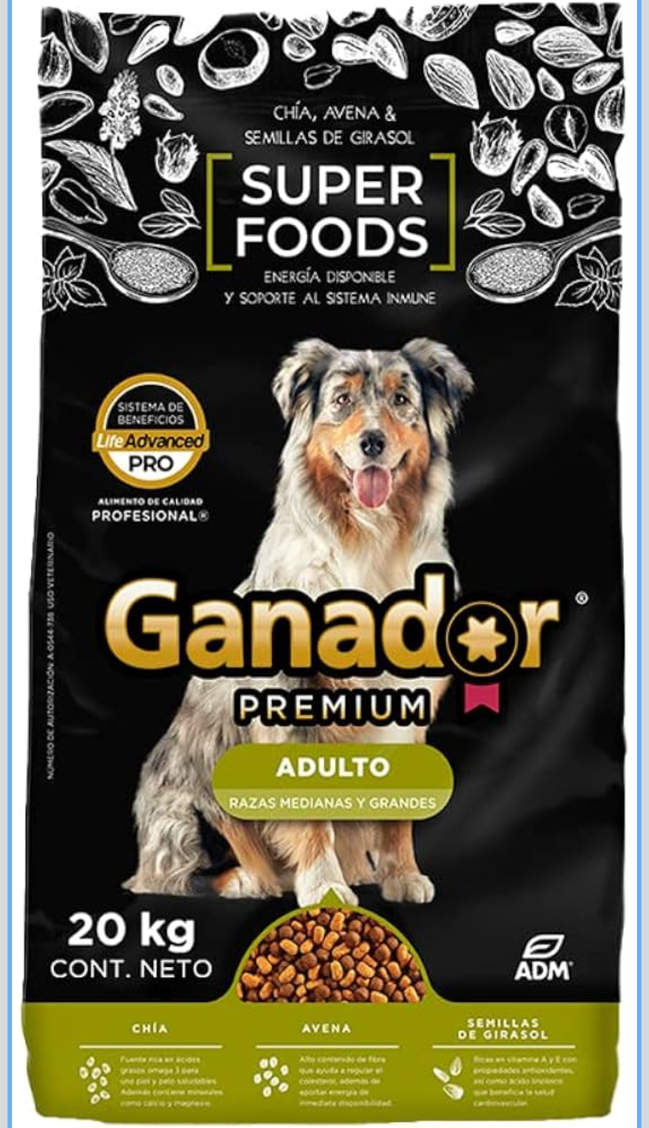 Ganador Premium Superfoods 20kg, Adultos Razas Medianas y Grandes.
