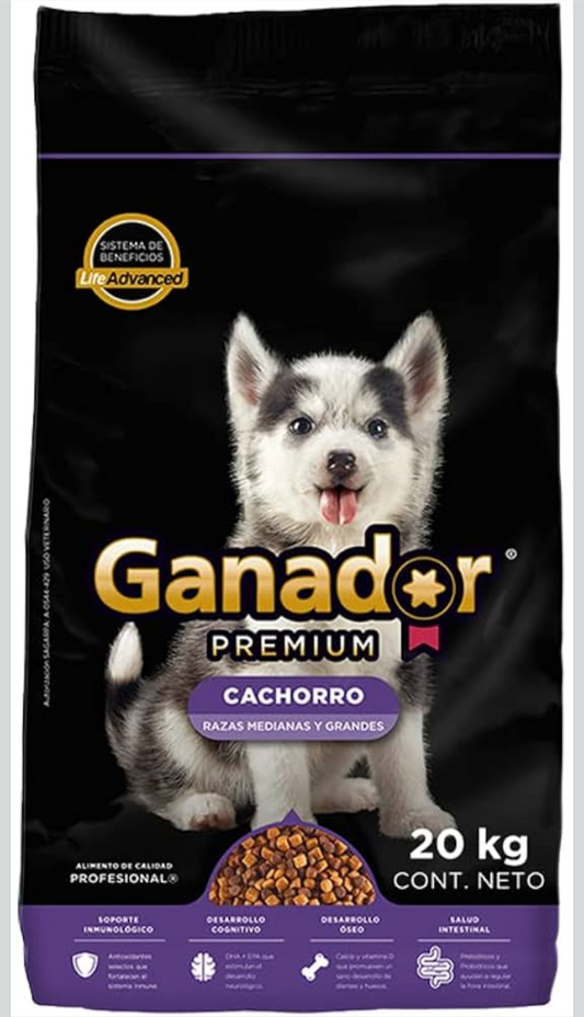 Ganador Premium Cachorro 20 kg, Razas Medianas y Grandes. El empaque puede variar