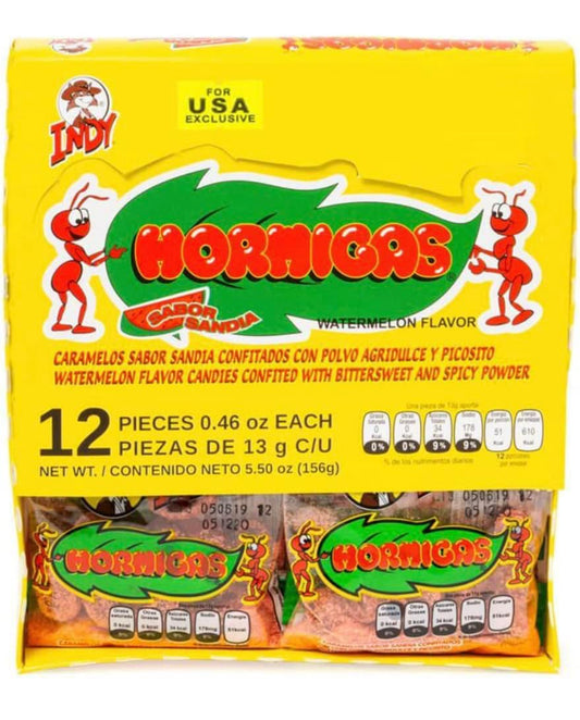 INDY HORMIGAS / caramelo confitado sabor sandia, agridulce y picosito 12pzs