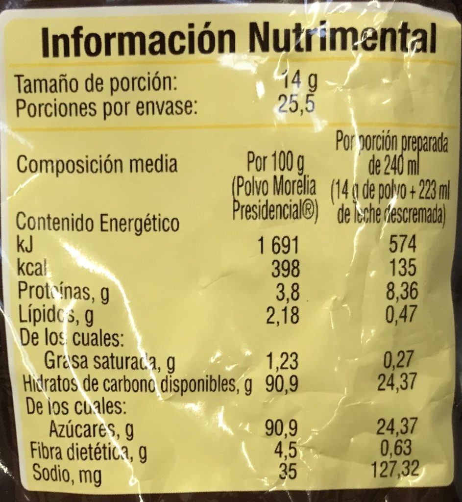 MORELIA CHOCOLATE POLVO BOLSA 24/357 G + 24%(445G)
