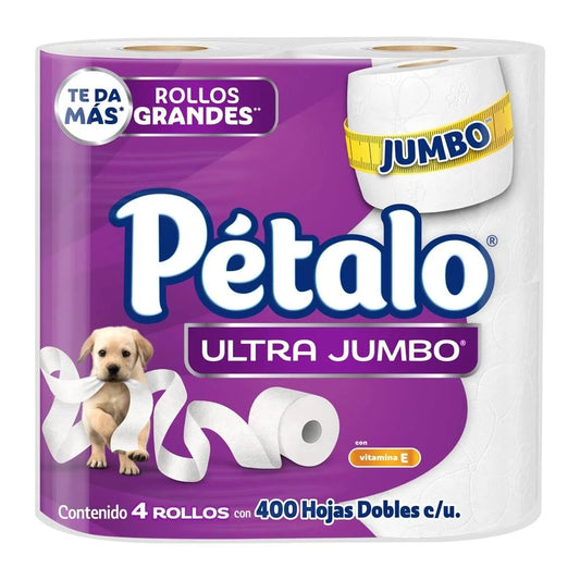 PAPEL HIGIENICO PETALO JUMBO ULTRA RESISTENTE 400 HOJAS DOBLES 4pzs