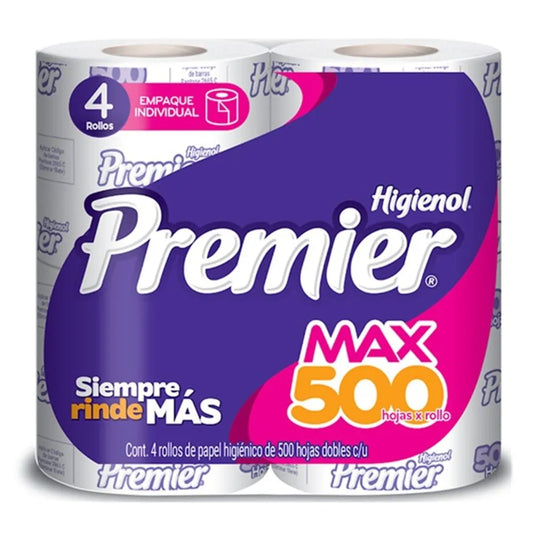 PAPEL HIGIENICO PREMIER 500 HOJAS DOBLES 4pzs