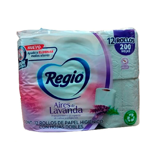 PAPEL HIGIENICO REGIO AIRES DE LAVANDA 200 HOJAS DOBLES 12pzs