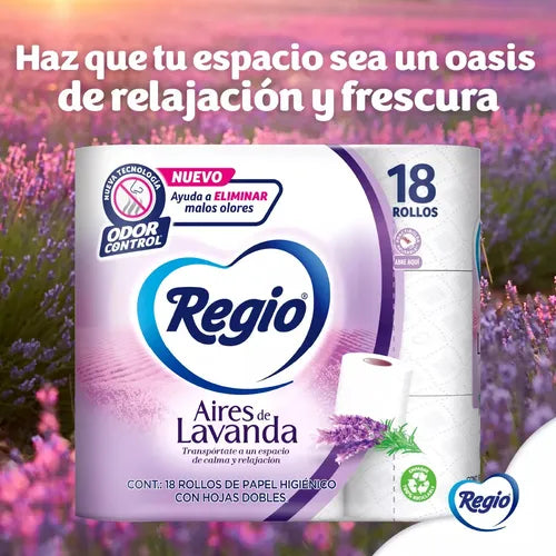 PAPEL HIGIENICO REGIO AIRES DE LAVANDA 230 HOJAS DOBLES 18pzs