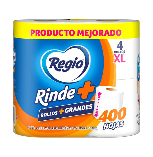 PAPEL HIGIENICO REGIO RINDE+ 400 HOJAS DOBLES 4pzs