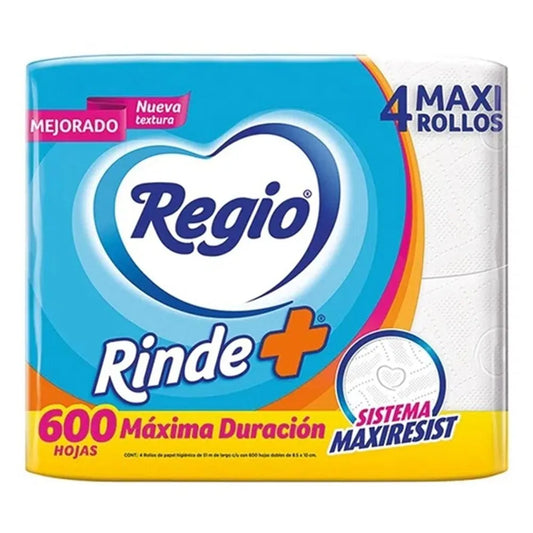 PAPEL HIGIENICO REGIO RINDE+ 600 HOJAS DOBLES 4pzs