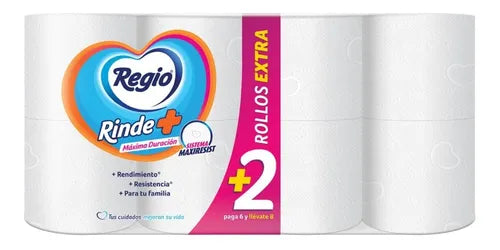 PAPEL HIGIENICO REGIO RINDE+ 375 HOJAS DOBLES 4+2pzs