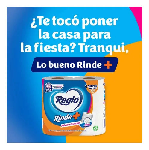 PAPEL HIGIENICO REGIO RINDE+ 400 HOJAS DOBLES 4pzs