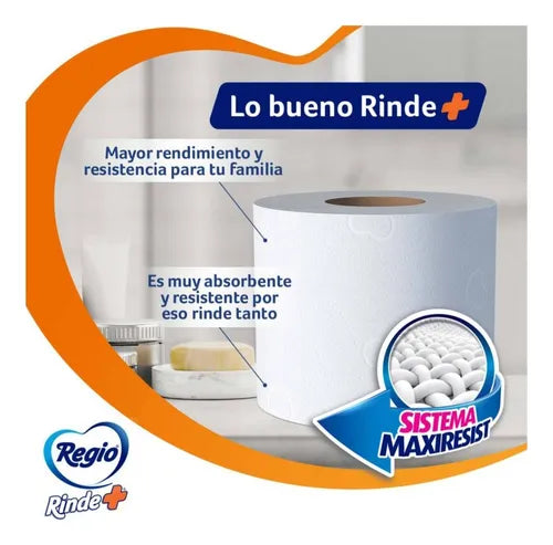 PAPEL HIGIENICO REGIO RINDE+ 400 HOJAS DOBLES 4pzs