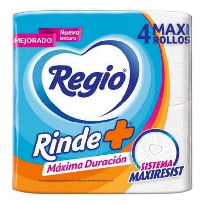 PAPEL HIGIENICO REGIO RINDE+ 400 HOJAS DOBLES 4pzs