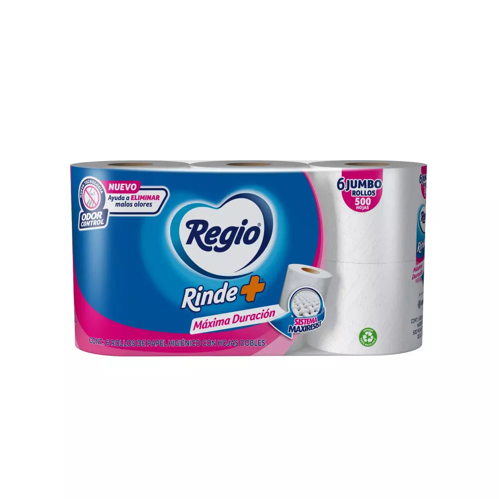 PAPEL HIGIENICO REGIO RINDE+ 500 HOJAS DOBLES 4+2pzs