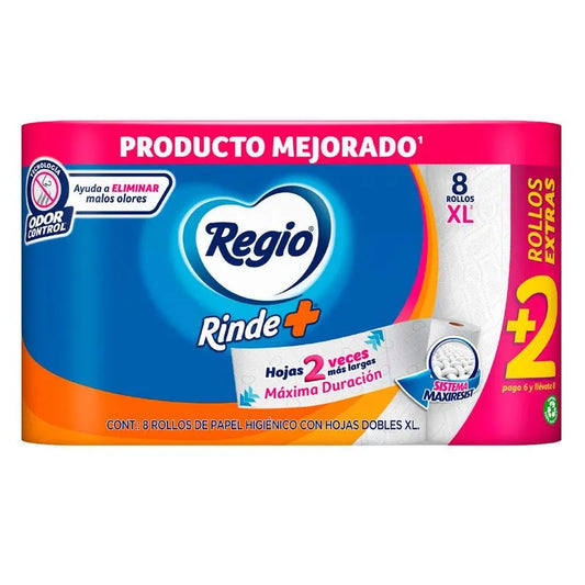 PAPEL HIGIENICO REGIO RINDE+ 300 HOJAS DOBLES 6+2pzs