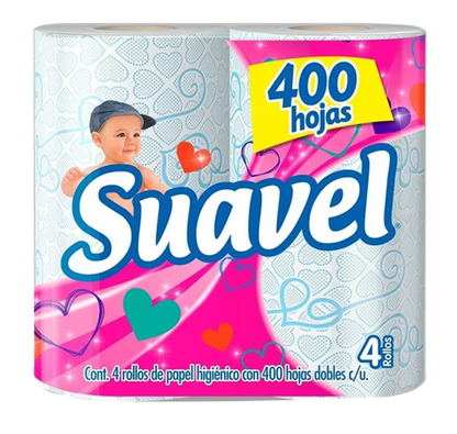 PAPEL HIGIENICO SUAVEL 400 HOJAS DOBLES 4pzs