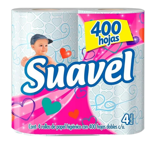 PAPEL HIGIENICO SUAVEL 400 HOJAS DOBLES 4pzs