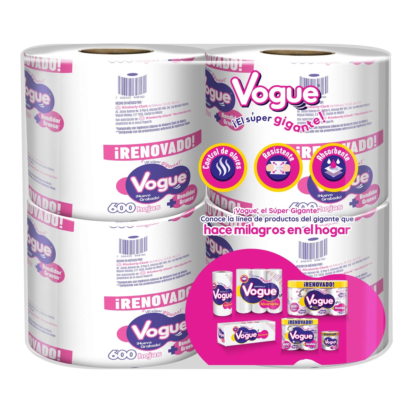 PAPEL HIGIENICO VOGUE MANZANILLA 600 HOJAS DOBLES 4pzs