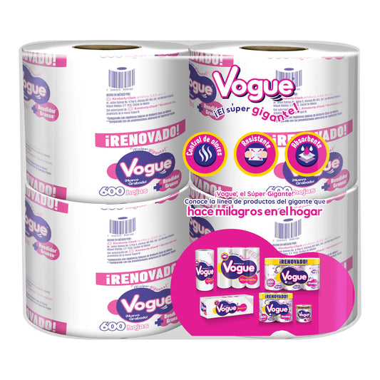 PAPEL HIGIENICO VOGUE MANZANILLA 600 HOJAS DOBLES 4pzs