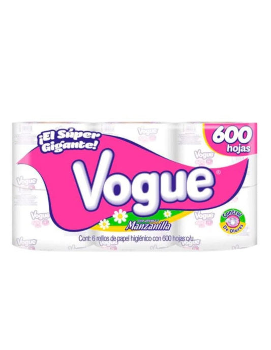 PAPEL HIGIENICO VOGUE MANZANILLA 600 HOJAS DOBLES 6pzs
