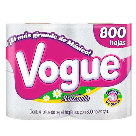 PAPEL HIGIENICO VOGUE MANZANILLA 800 HOJAS DOBLES 4pzs